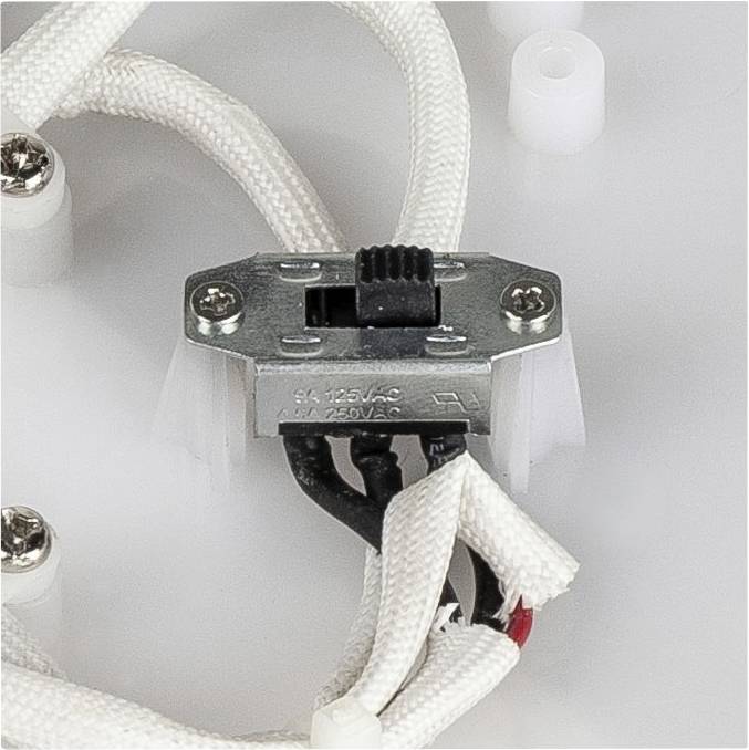 Close-up of an electrical switch with two screws. The switch is connected to several insulated wires.
