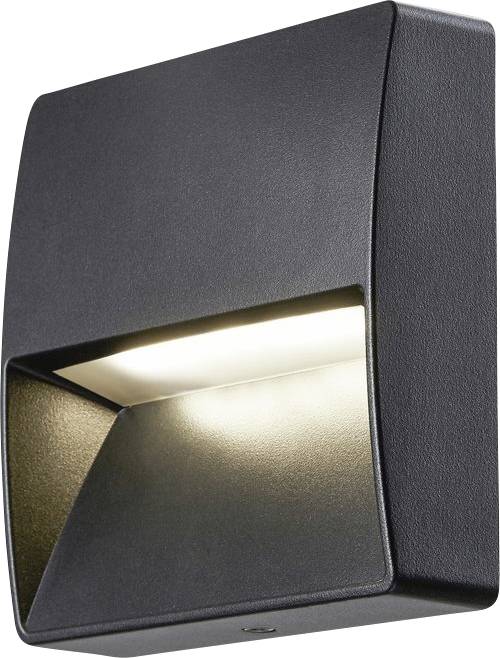 Black wall light with a rectangular, modern design that emits downward-facing light. Suitable for outdoor areas.