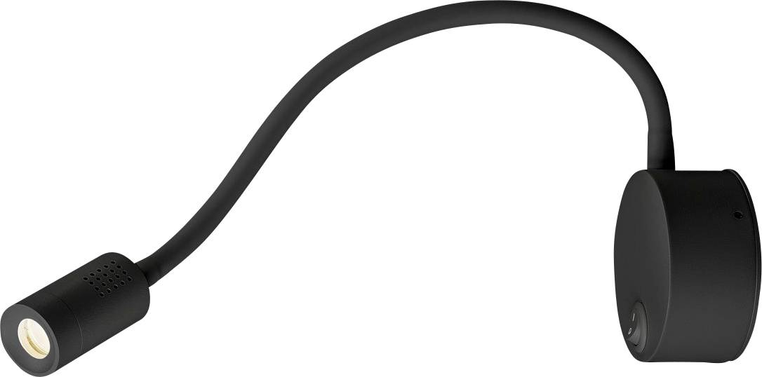 Black flexible reading lamp with a round base and tubular light head, suitable for wall mounting, focused light for precise reading.