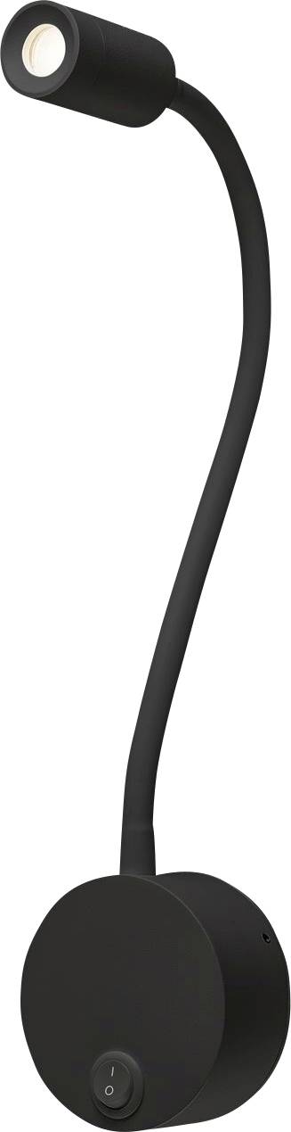Black, flexible, round LED wall light with integrated switch, suitable for directional lighting, e.g. for reading.
