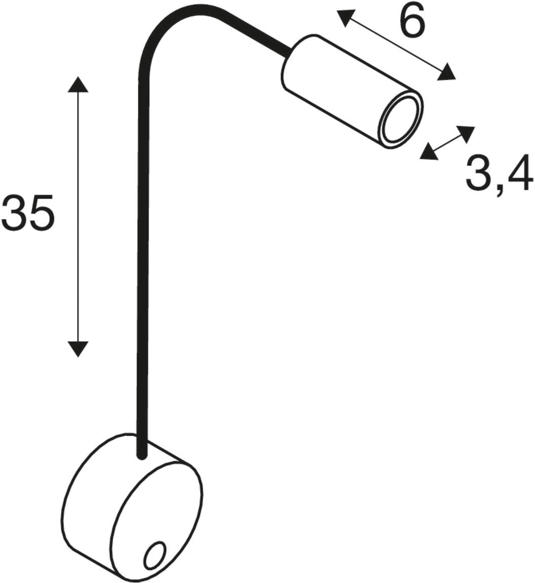Technical drawing of a lamp with a curved arm. Dimensions: height 35, cylinder width 6, diameter 3.4.