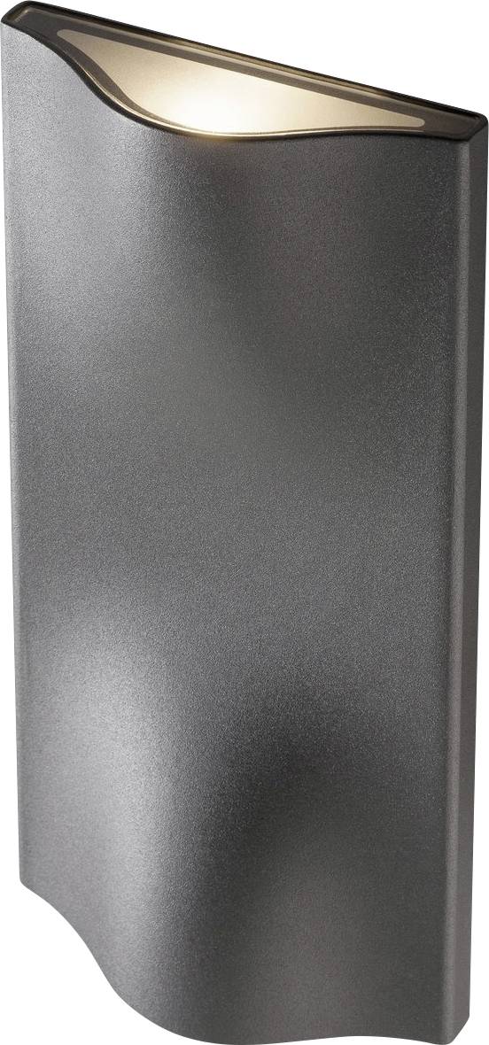 Dark, rectangular wall light with a curved upper edge that radiates light upwards. Ideal for modern interiors.