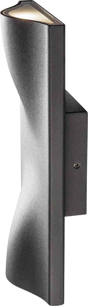 Black, contemporary outdoor wall light with a slim, curved design. Light softly radiates downwards and upwards, perfect for stylish illumination.