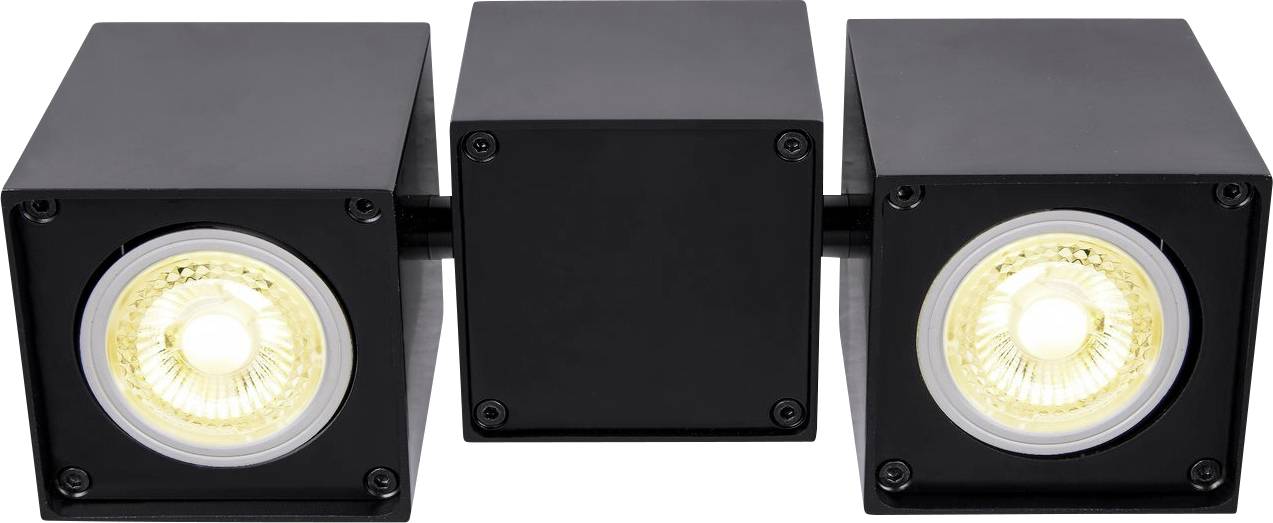 Black, square, rotatable ceiling light with two luminous LED spots, suitable for modern interiors and accent lighting.
