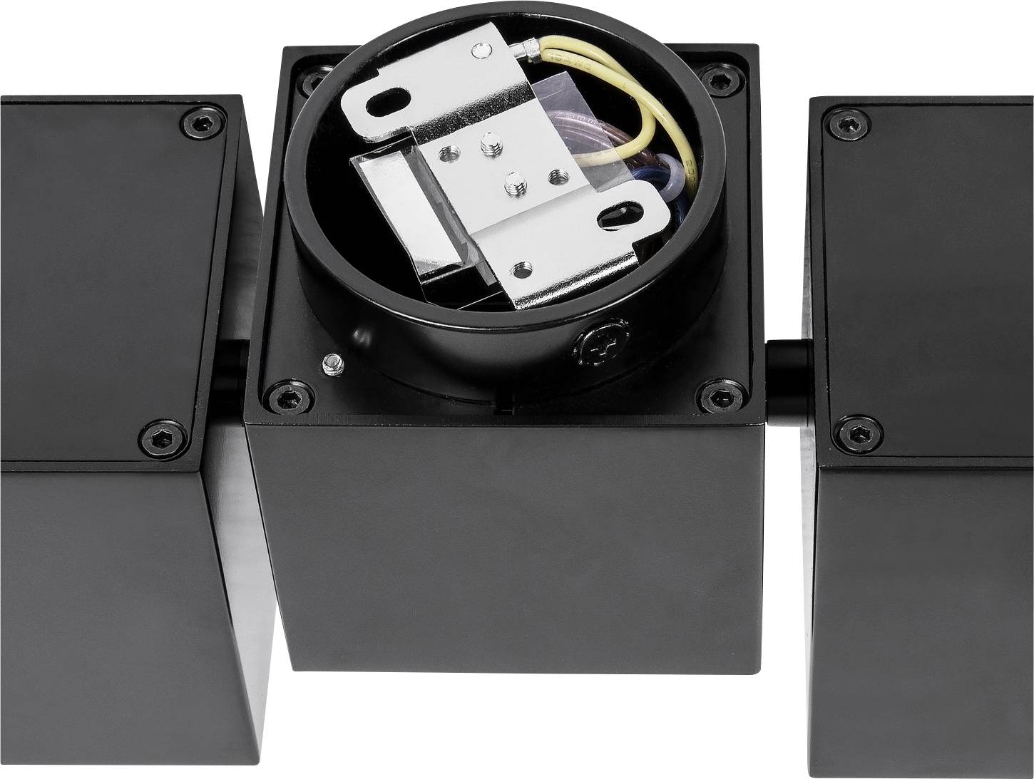 A black, rectangular enclosure with a round, open compartment reveals metal components and cables inside.