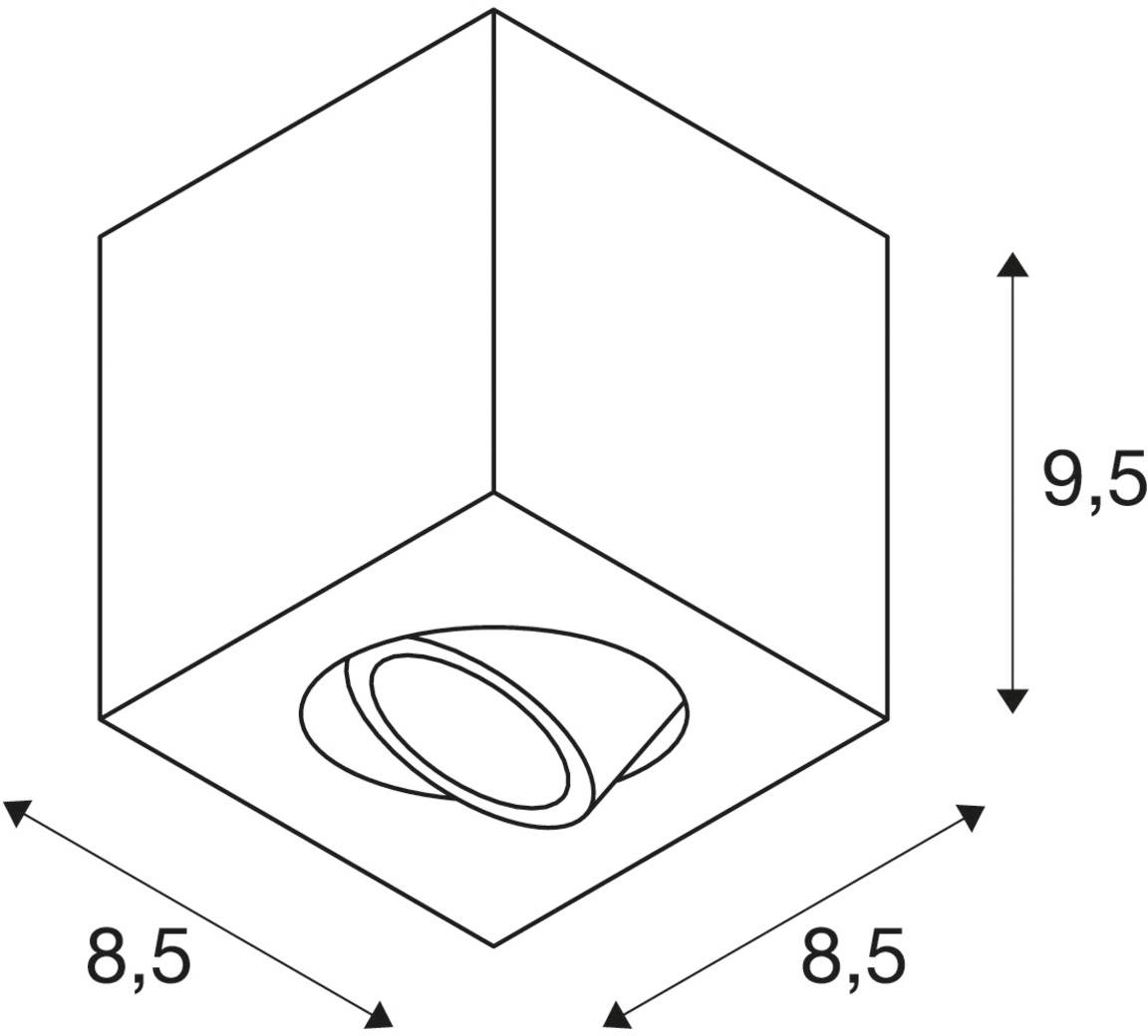 Ceiling light with dimensions of 9.5 cm height and 8.5 cm width. Square design with central light spot.