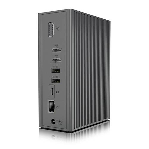 A grey computer docking station with multiple ports: HDMI, VGA, USB 2.0, USB-C, LAN and power socket. Ideal for office use.