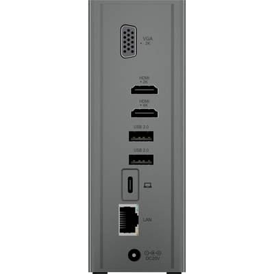 'Back of a device with connections: VGA 2K, two HDMI (up to 4K), two USB 2.0, LAN, USB-C and power socket.'