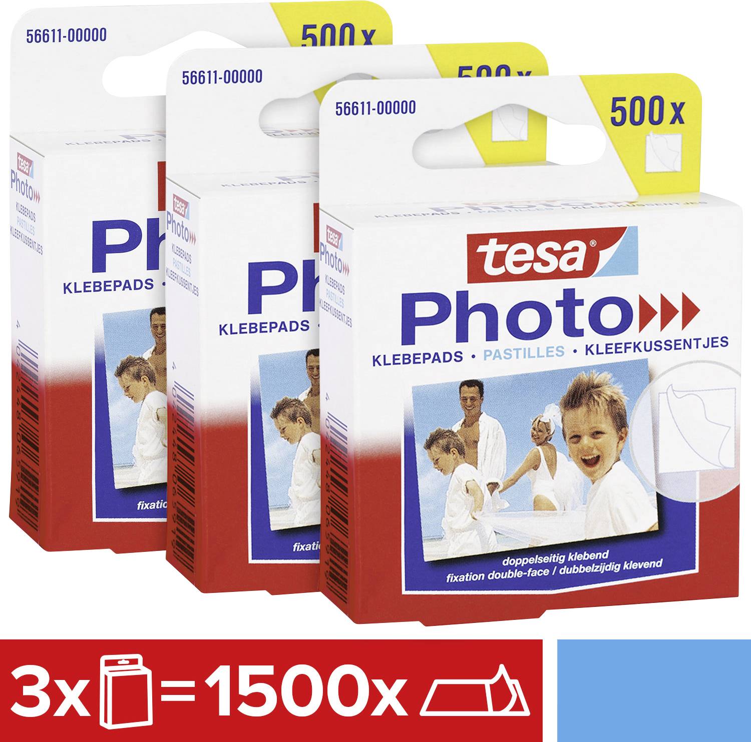 'Three packs of tesa photo mounting pads 500 pieces with adhesive surface, for secure attachment of photographs.'