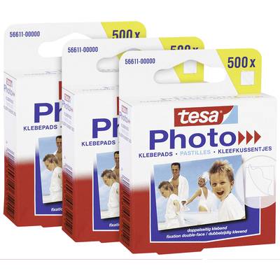 Three packs of 'tesa Photo Adhesive Pads', each with 500 double-sided sticky pads. Suitable for photo mounting. Contains family photograph.