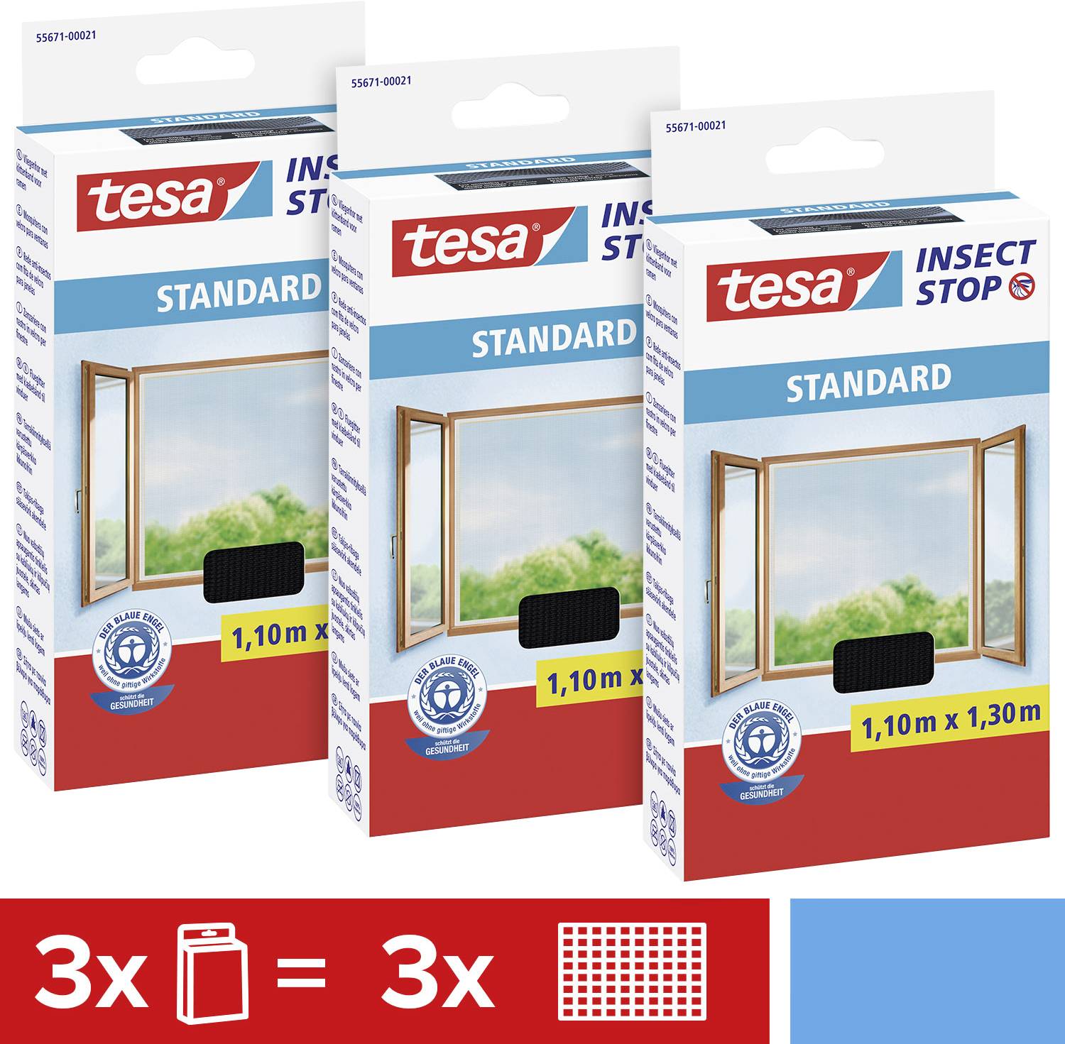 Three packs of 'tesa Insect Stop Standard', 1.10 x 1.30 m, with an image of an open window. Red symbol indicates '3x' for three packs.