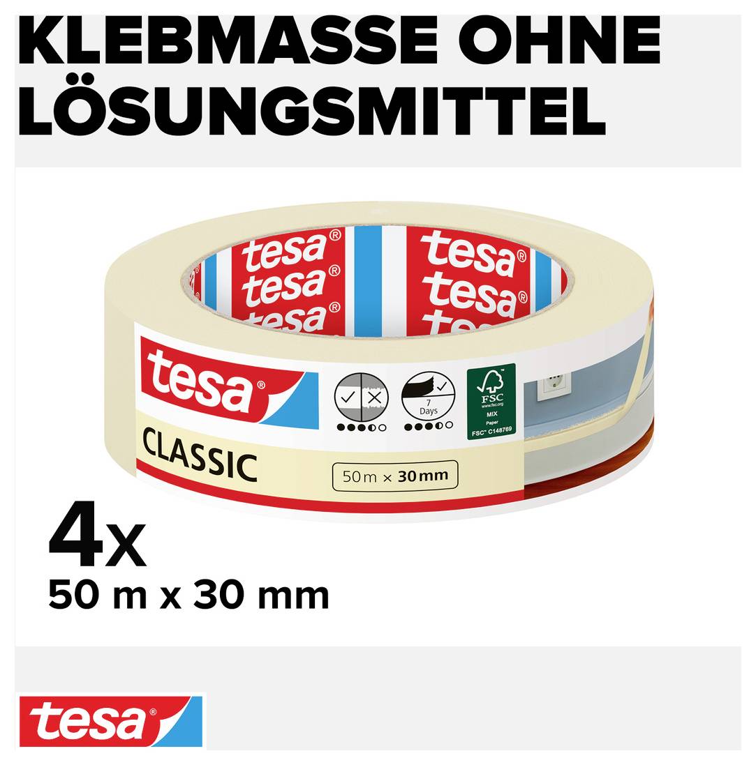 Tesa adhesive tape product image: Label 'Classic', four rolls, dimensions 50 m x 30 mm, solvent-free.