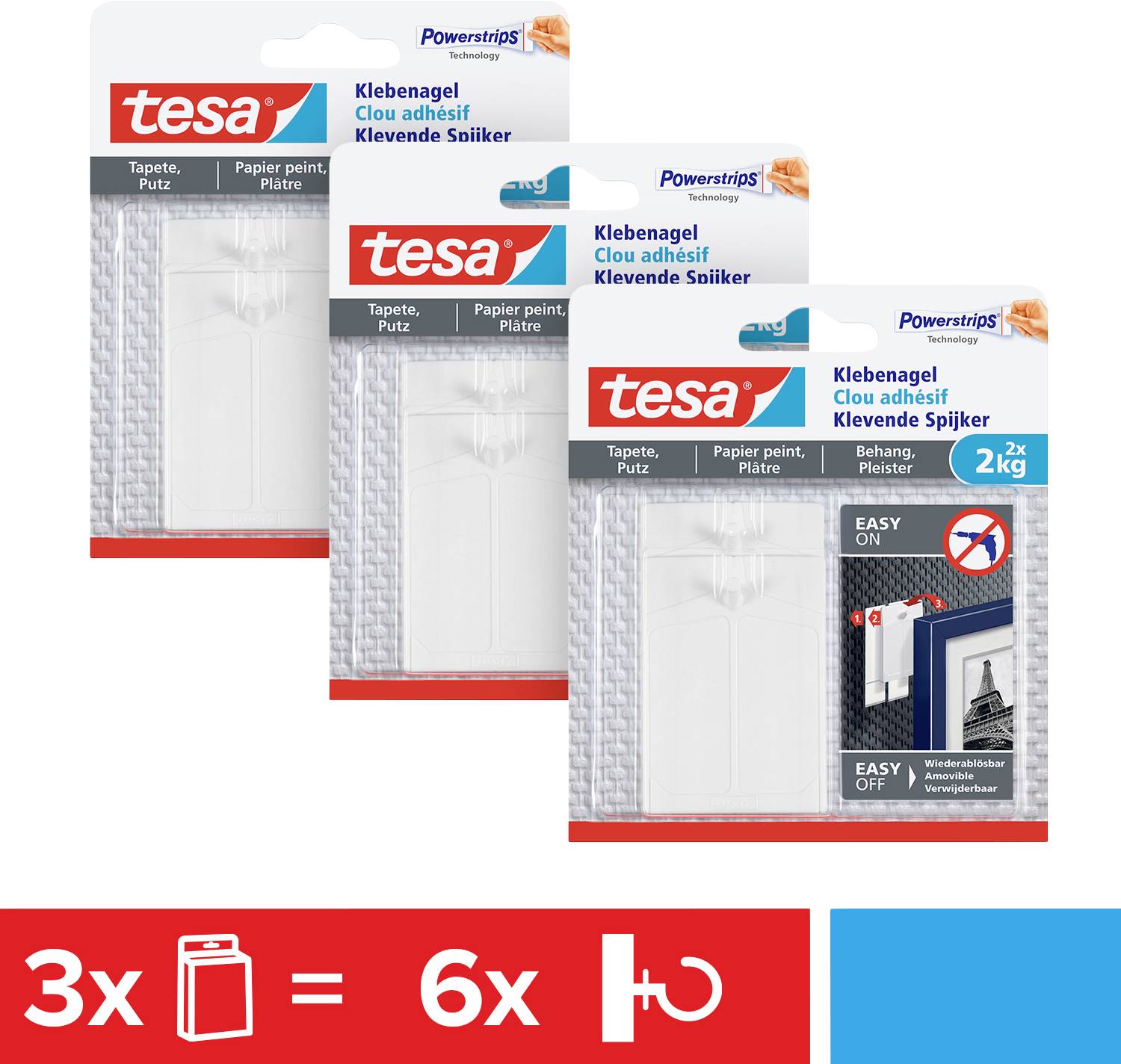 'Three packs of Tesa adhesive nails for wallpaper and plaster, each with 2 kg load-bearing capacity. Contains removable adhesive strips. Suitable for smooth surfaces.'
