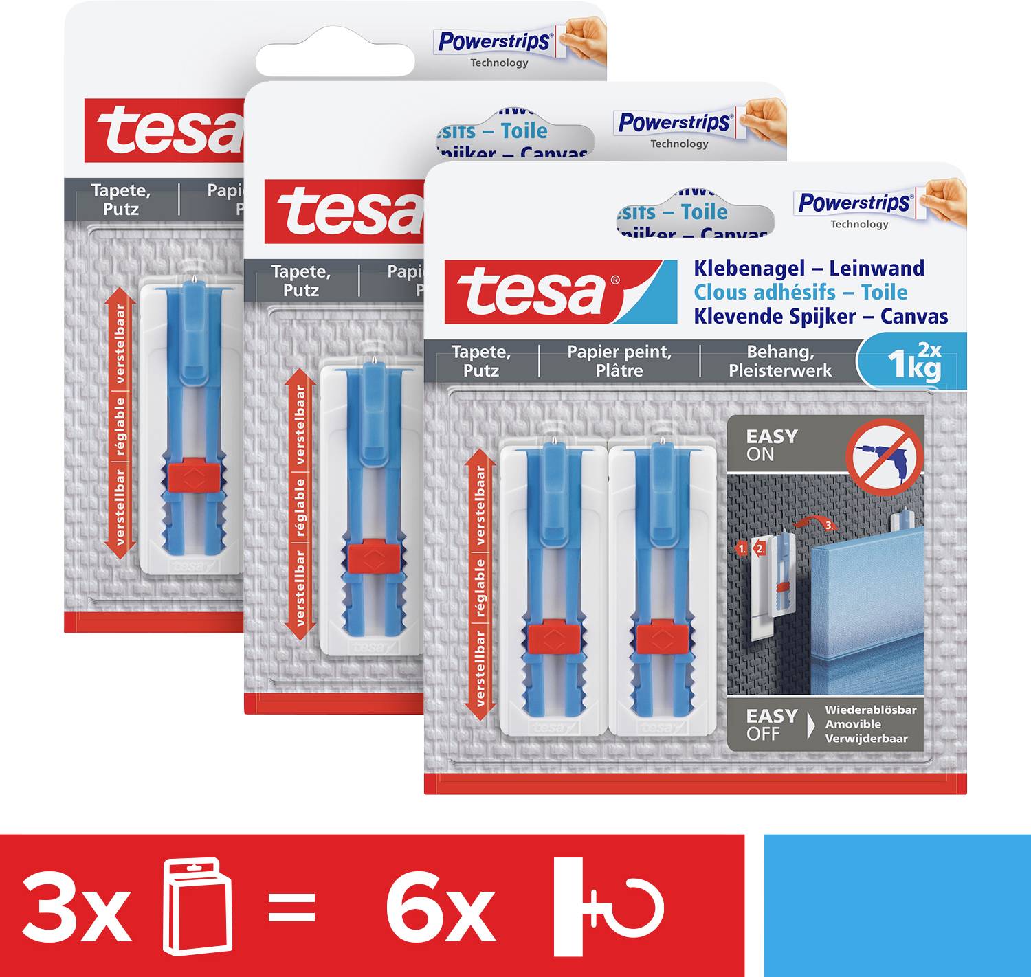 'Three packets of Tesa adhesive nails for wallpaper and plaster. Each packet contains two adhesive nails and is suitable for up to 1 kg.'