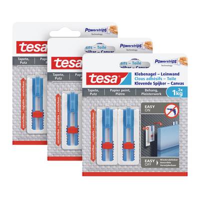 Packaging for Tesa Adhesive Nail for wallpaper and plaster, load-bearing up to 1 kg. Set includes two reusable adhesive nails.