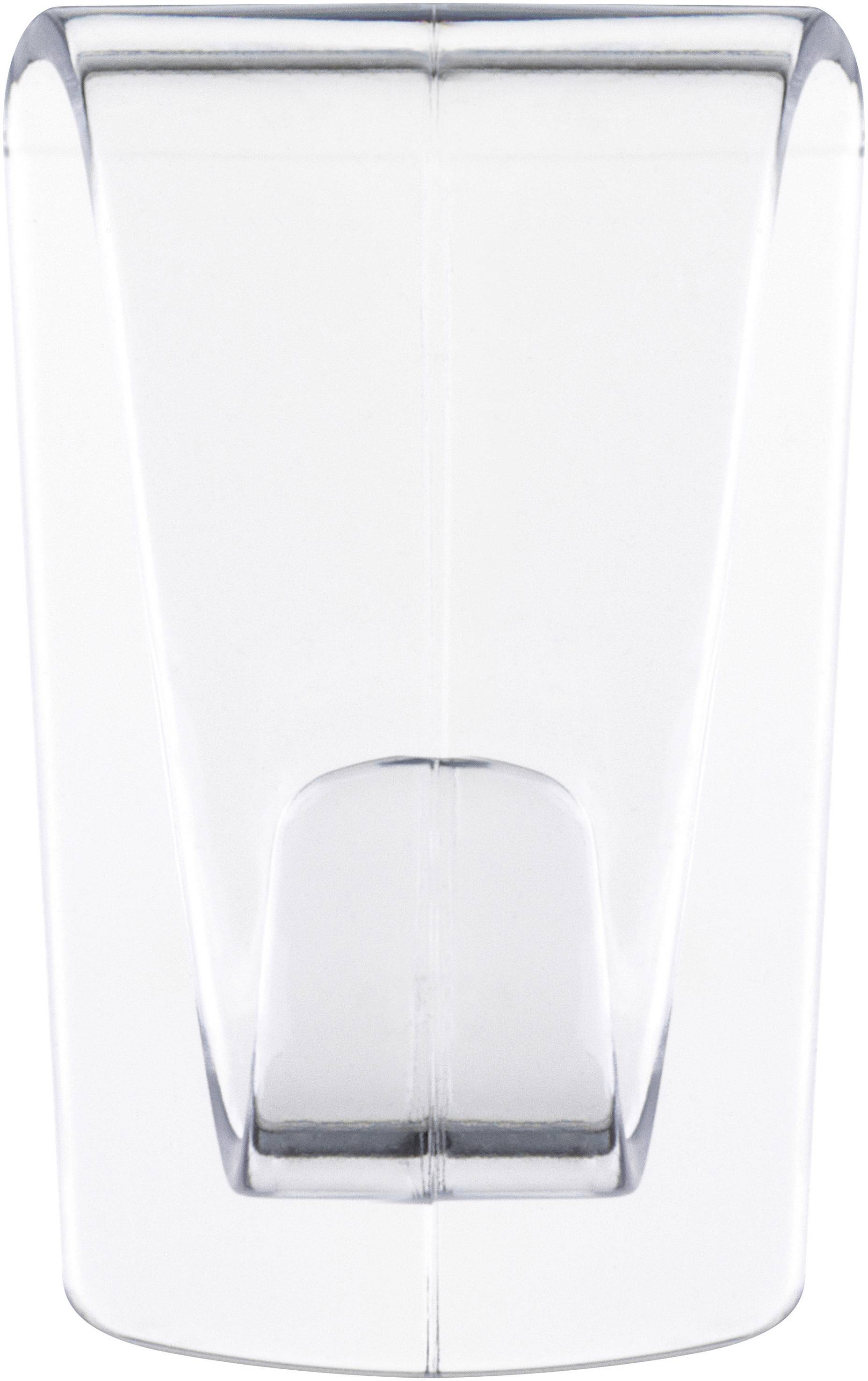 A transparent, vertically positioned plastic clip with a smooth surface.