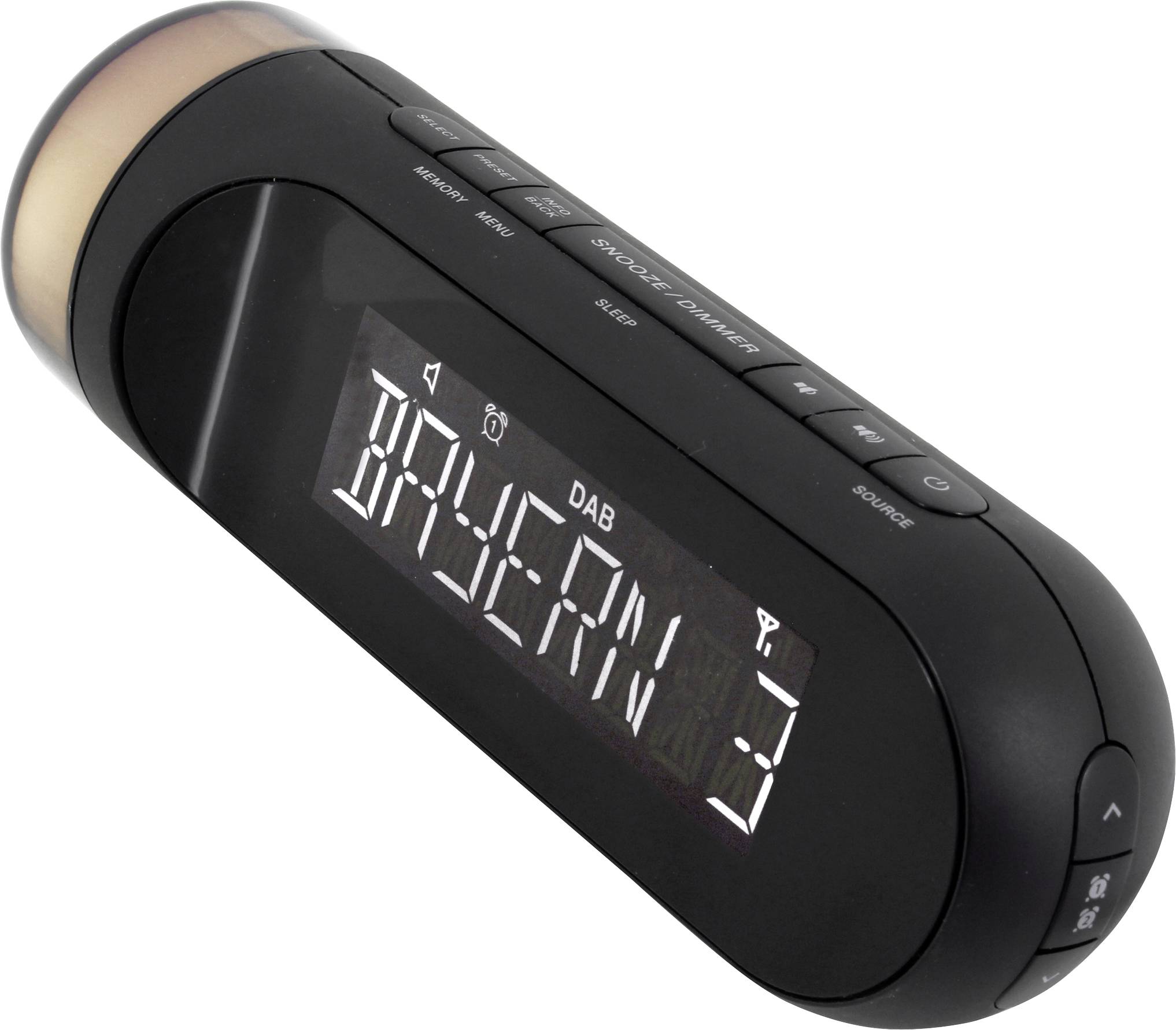 A black digital DAB radio clock with a display showing 'DAB' and 'DRYERN 3'. At the top are buttons for Menu, Sleep and Source.