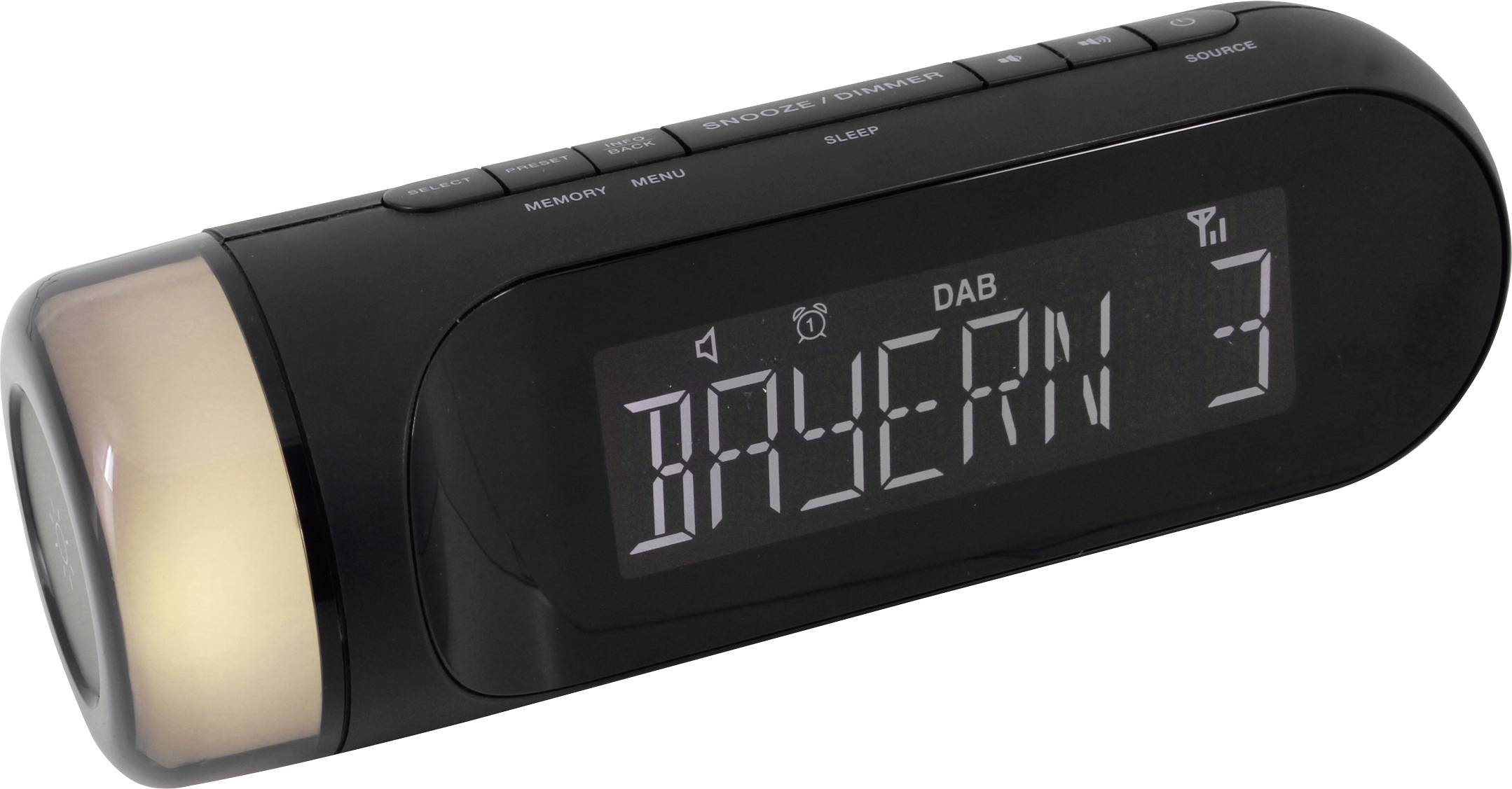 Black portable digital radio, displaying 'BAYERN 3' on the screen.