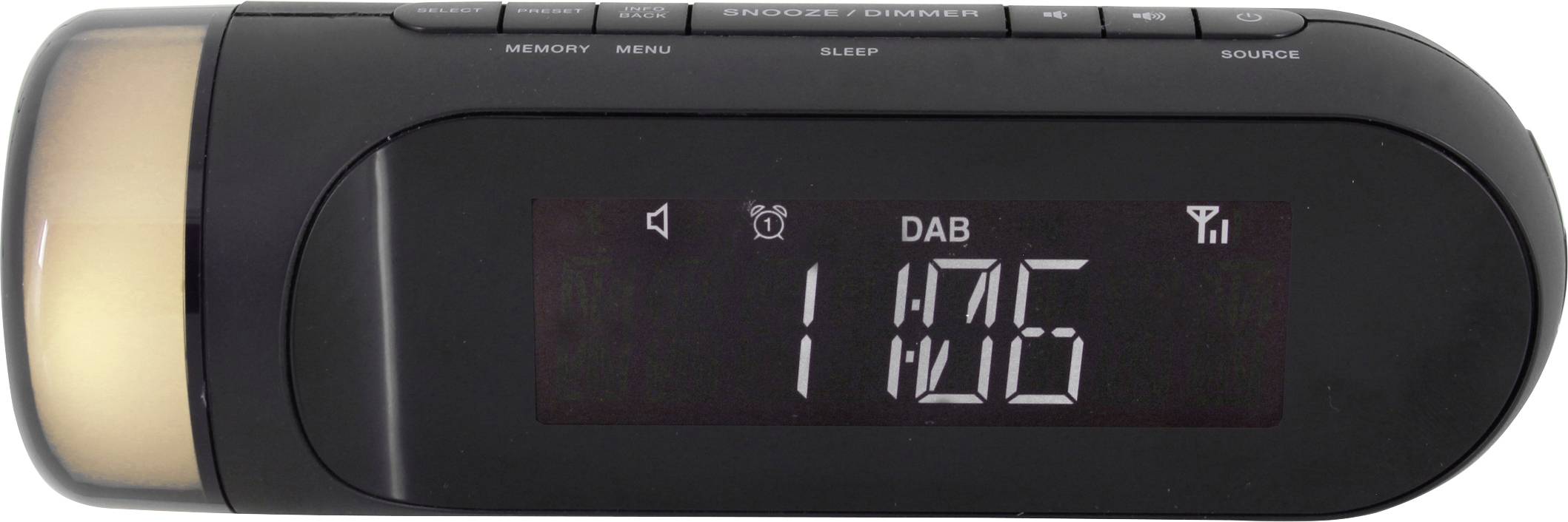 Black digital radio alarm clock showing '11:05 DAB' on the display. Buttons on top for settings, alarm, and source.