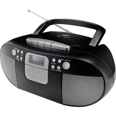 A portable black radio with a cassette deck and CD player, displaying 'relax' on the screen. Aerial extended.