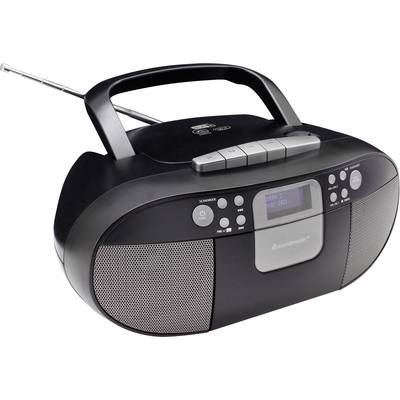 Black portable radio with CD player, speakers, buttons on top and extendable aerial, suitable for music playback options.