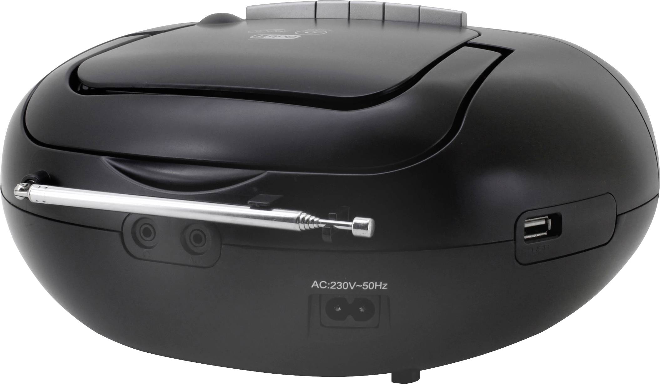 A black, portable CD player with an aerial and USB port. Suitable for playing music across various media.