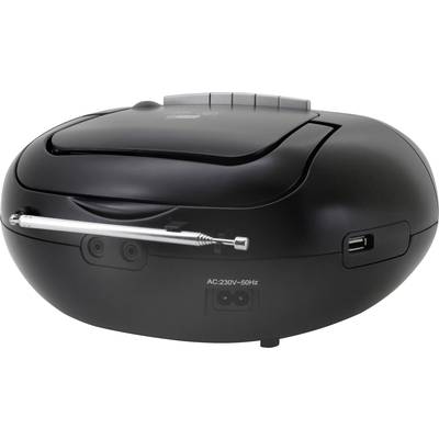 A black, portable CD player with an aerial and USB port. Suitable for playing music across various media.