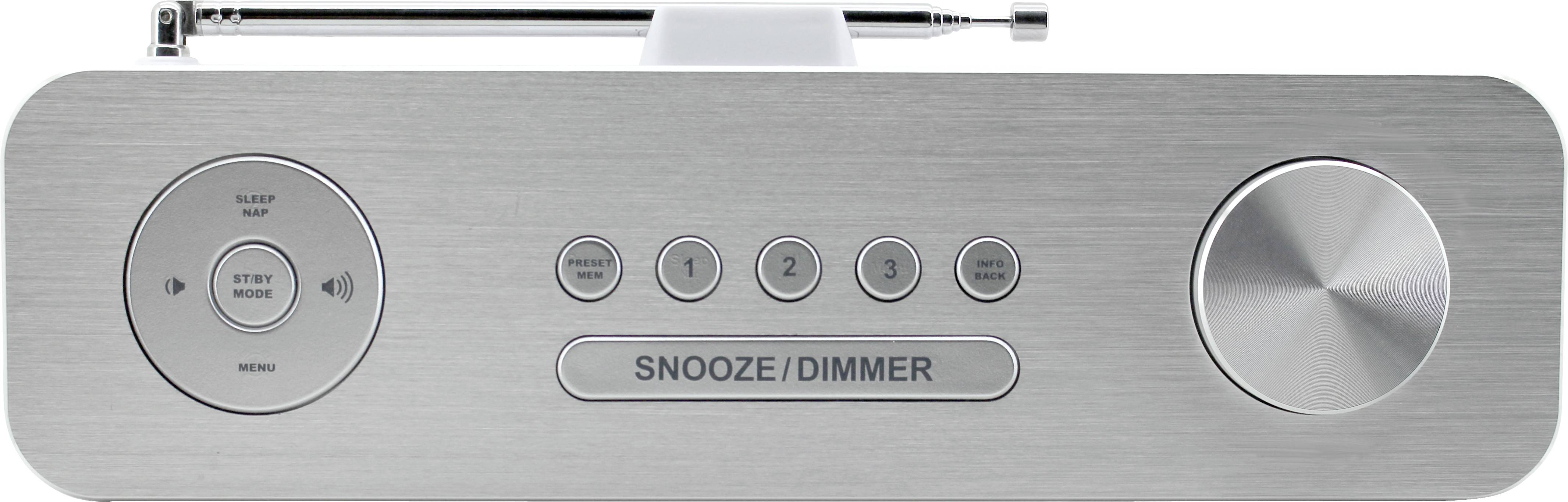 Silver radio with circular buttons on the left side, four numbered buttons in the centre, and a large dial on the right.