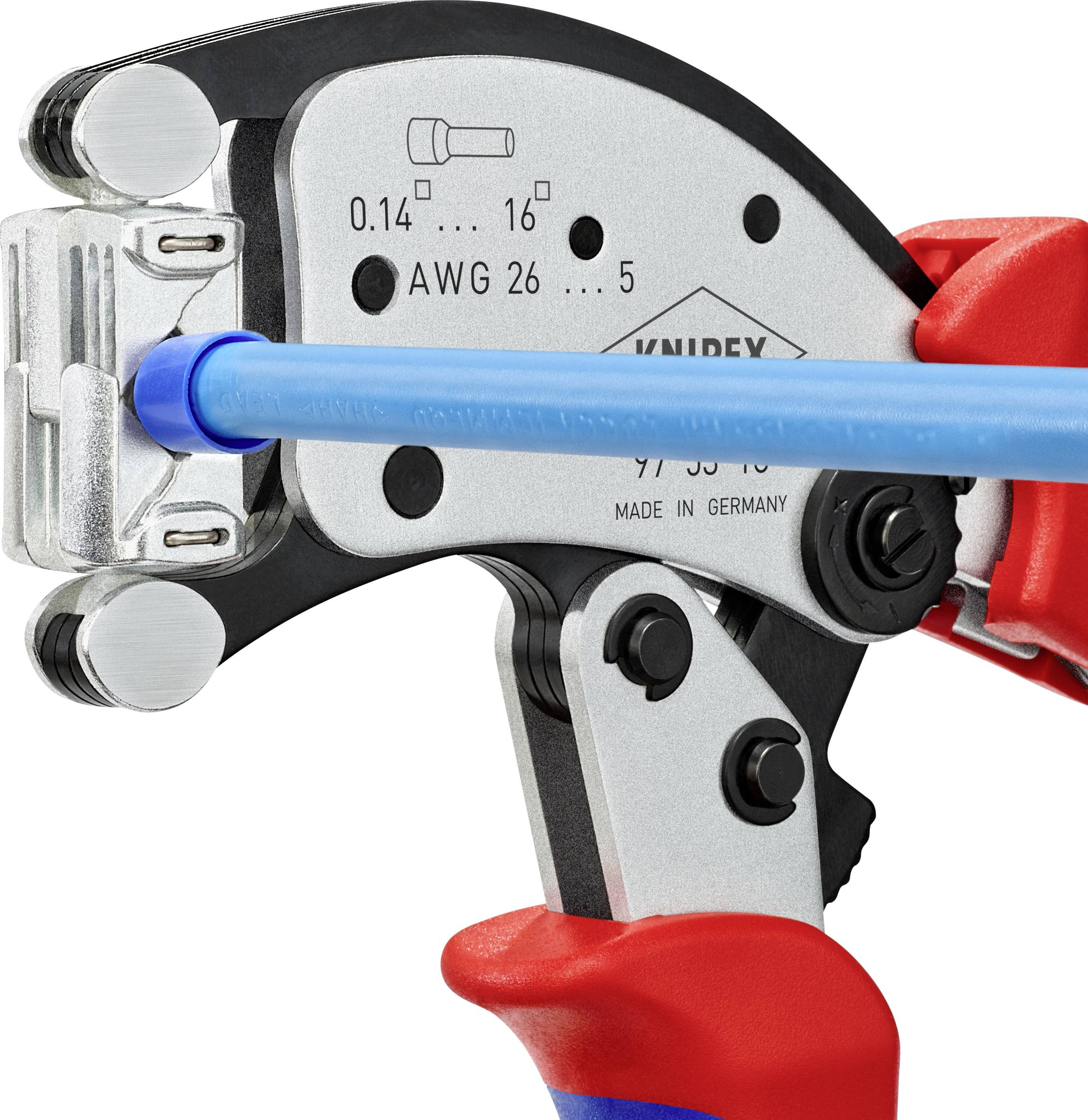 Wire strippers with blue jaws for cable stripping. The tool shows scales and the inscription 'AWG 26...5'.