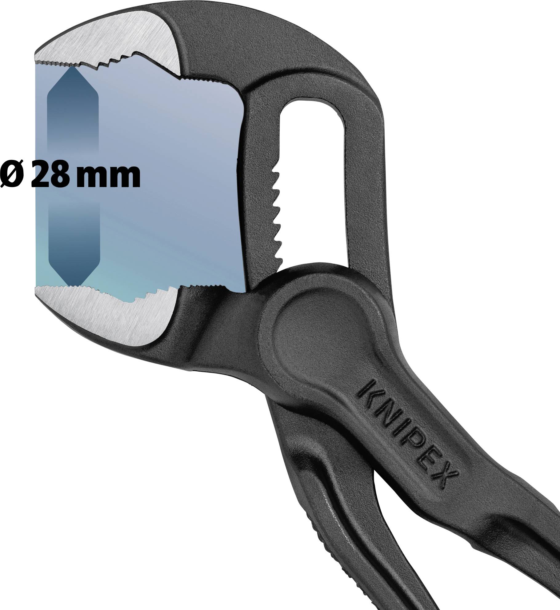 A black pipe wrench shows a gripping range with the inscription 'Ø 28 mm'. The background is white.