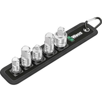 A set of five socket wrenches of varying sizes arranged on a black holder with the Wera logo.