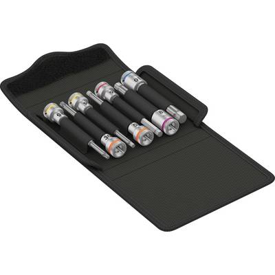 A black case contains six luggage scales with different colour markings on their handles.