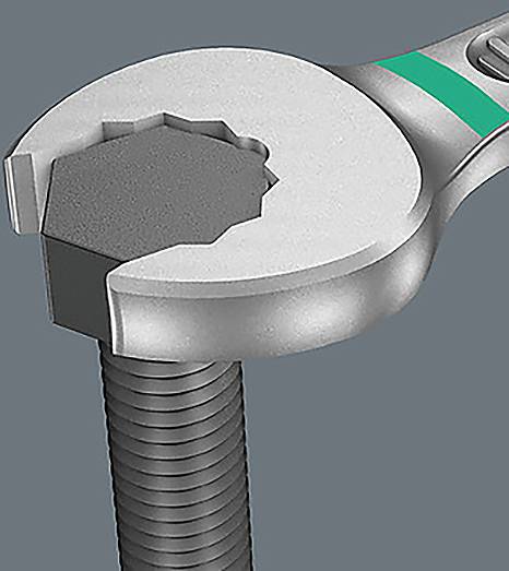 A wrench tightens or loosens a bolt, showing the interaction between the tool's jaws and the bolt head against a gray background.