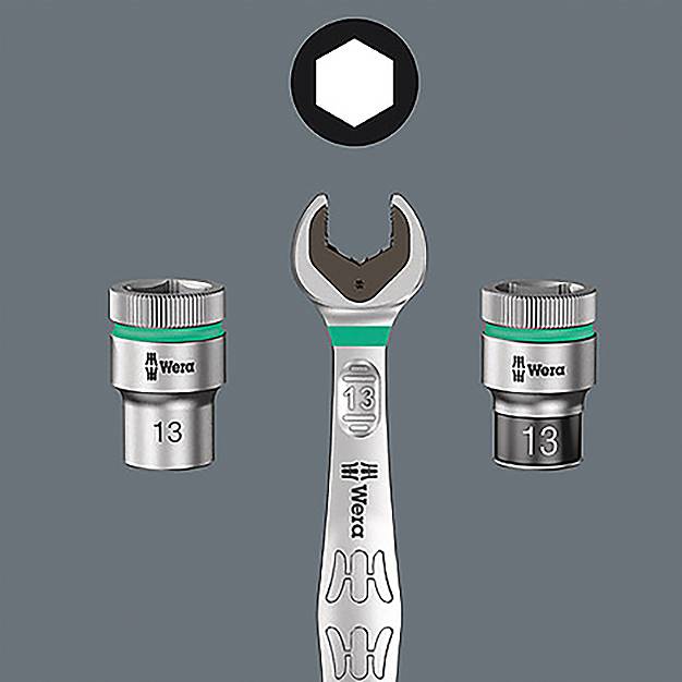 A wrench and two sockets marked '13' with the Wera logo displayed on a gray background, indicating compatibility for hexagonal bolts.