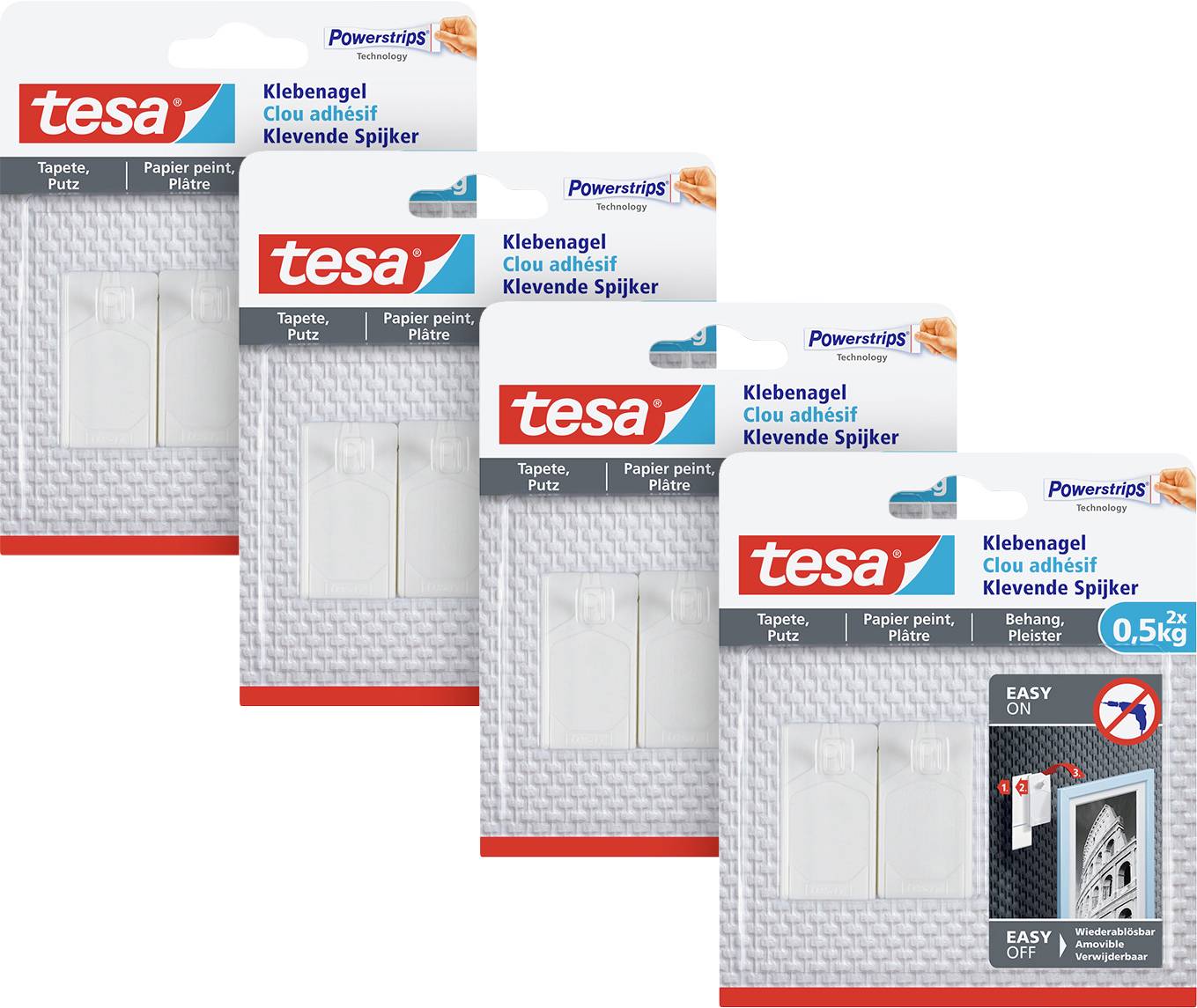 Four packs of tesa adhesive nails for wallpaper and plaster, suitable for up to 0.5 kg. Packaging displays product image and usage instructions.