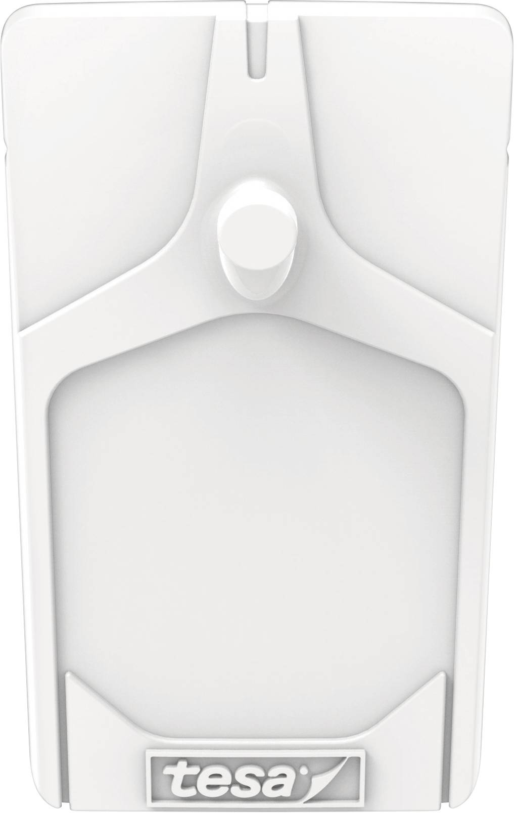 A white wall hook by tesa with rounded edges and a central hook displaying the 'tesa' logo.