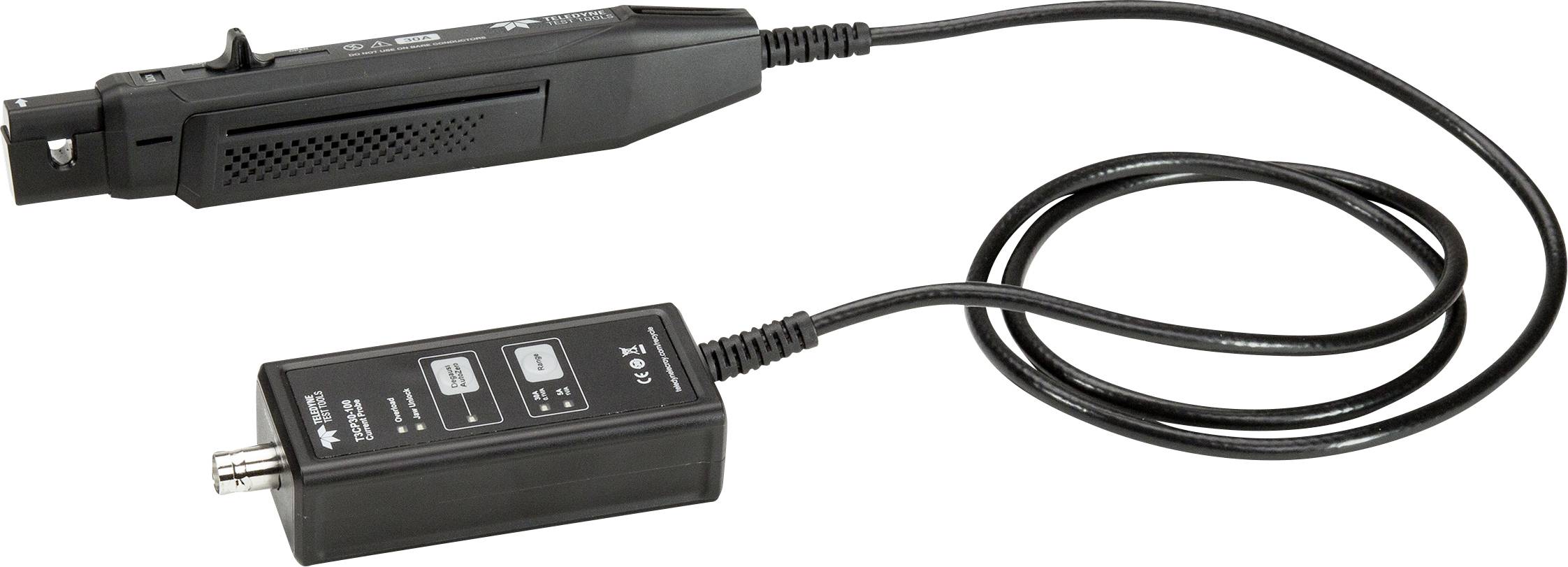 An electrical current sensor with a long cable connecting a rectangular sensor to a detachable connector.
