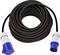 A long, black extension lead with a blue plug and blue socket, coiled into a compact circle.