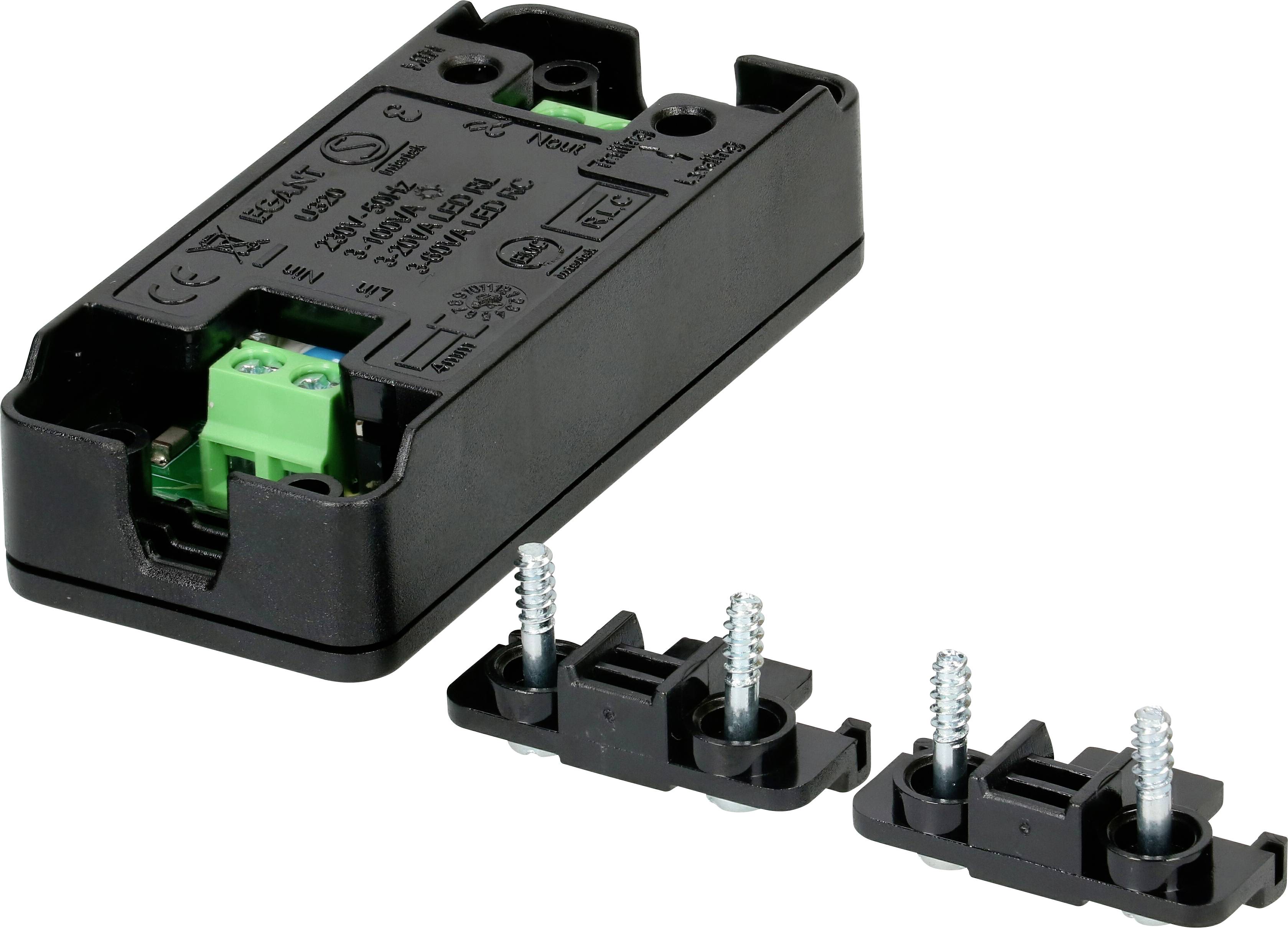 A black electrical device with green connectors, alongside three black mountings with screws.