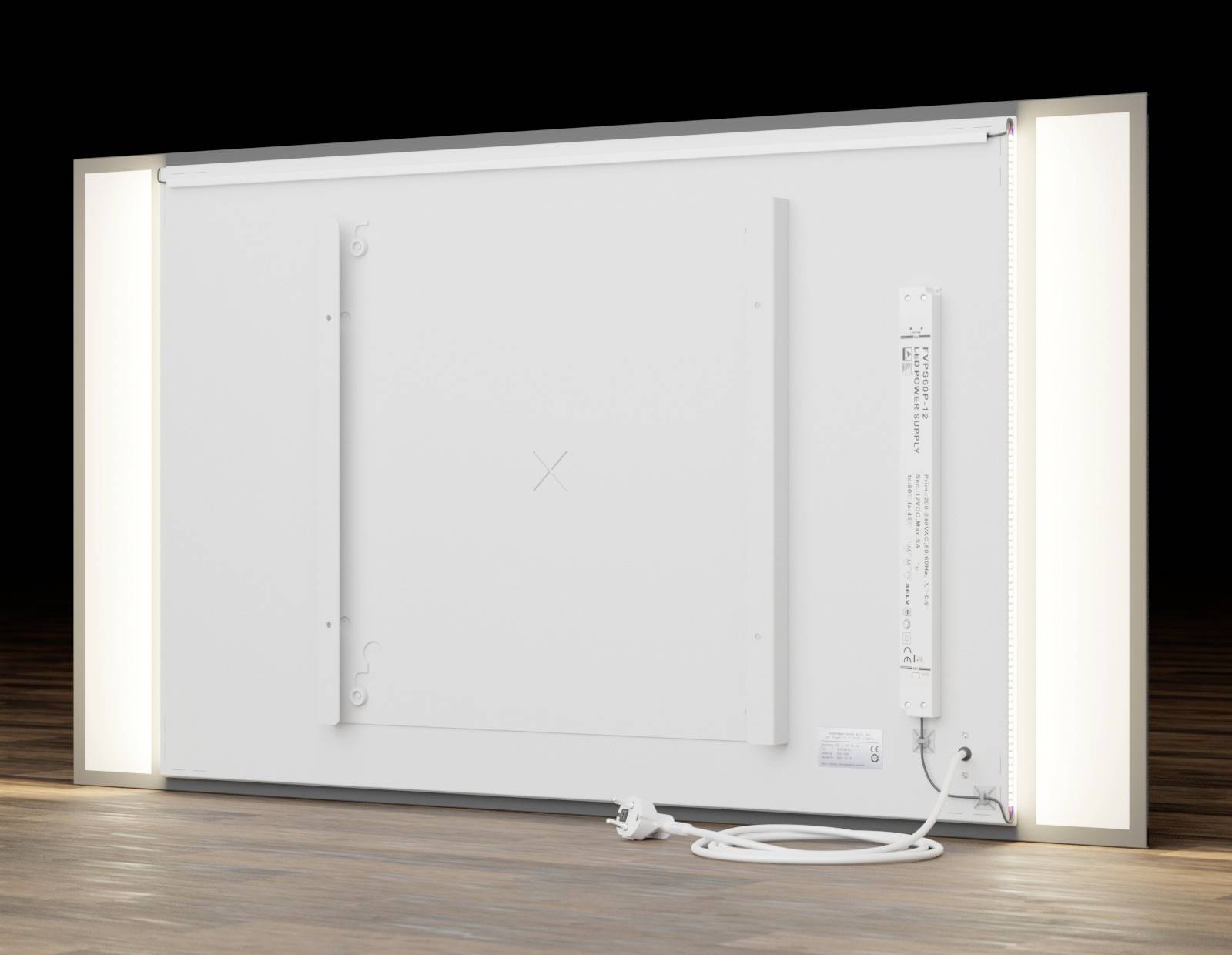 A rectangular LED light box in wood effect sitting on a table. The back and power cable are visible.