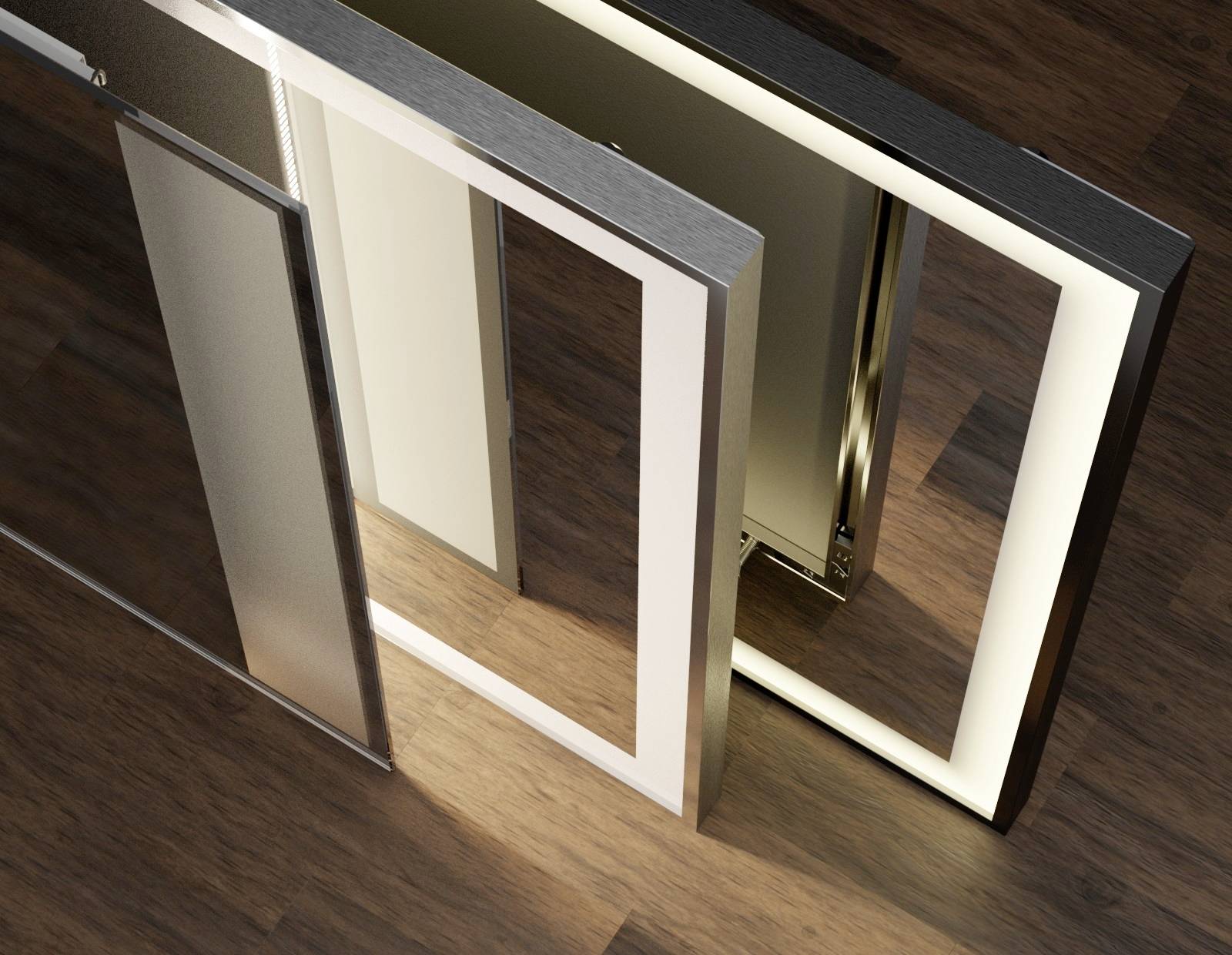 A modern illuminated metal and glass door frame stands at an angle on a wooden floor. Elegant and minimalist design.