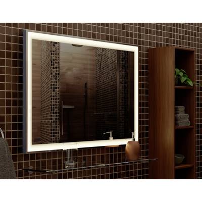 A modern bathroom with brown tiles, a large mirror with an illuminated frame, a washbasin and a shelf with towels.