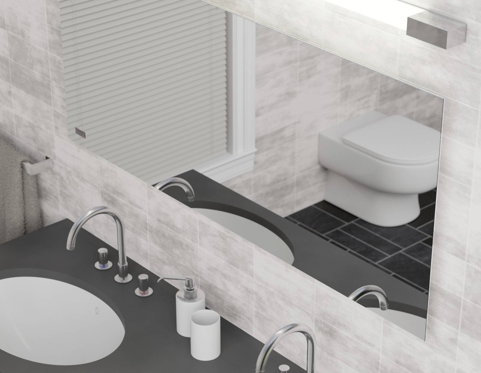 Bathroom with a large mirror, two washbasins and a black worktop. In the background, a toilet can be seen next to a window.