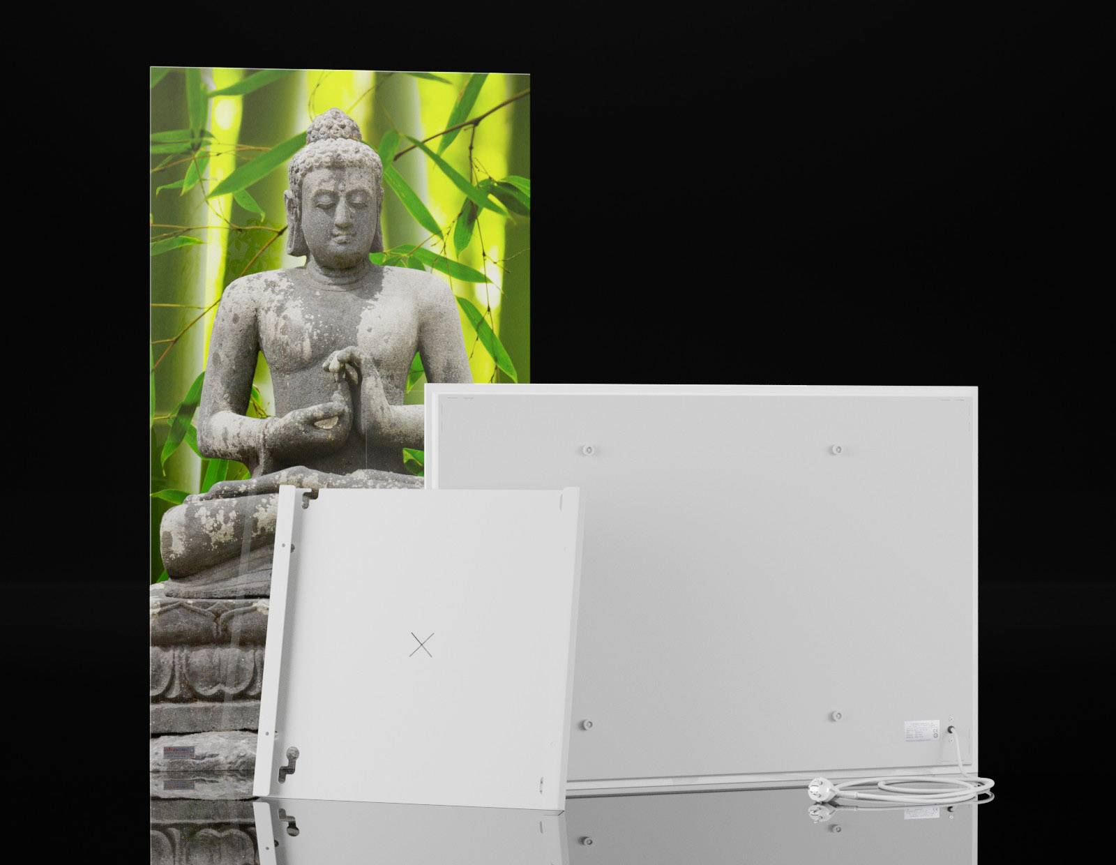 A Buddha statue sits meditating in front of a background of green bamboo leaves. In the foreground, two white panels are visible.
