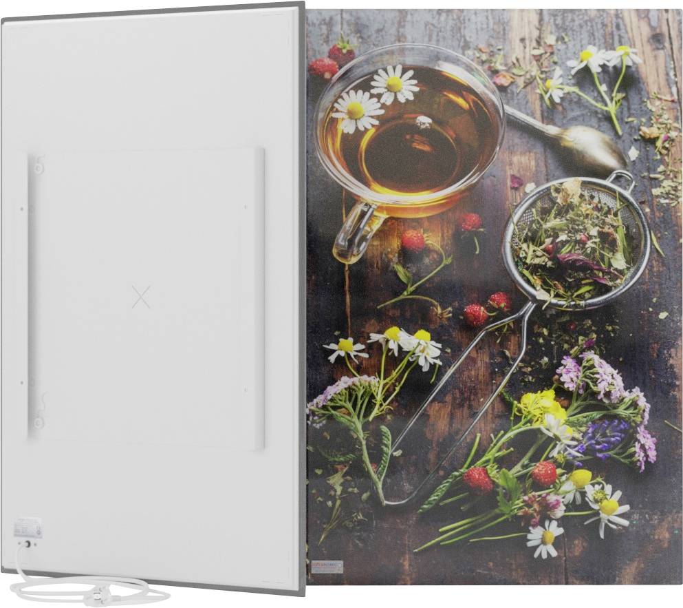 A picture shows a cup of herbal tea on a wooden table, surrounded by fresh herbs and wildflowers.