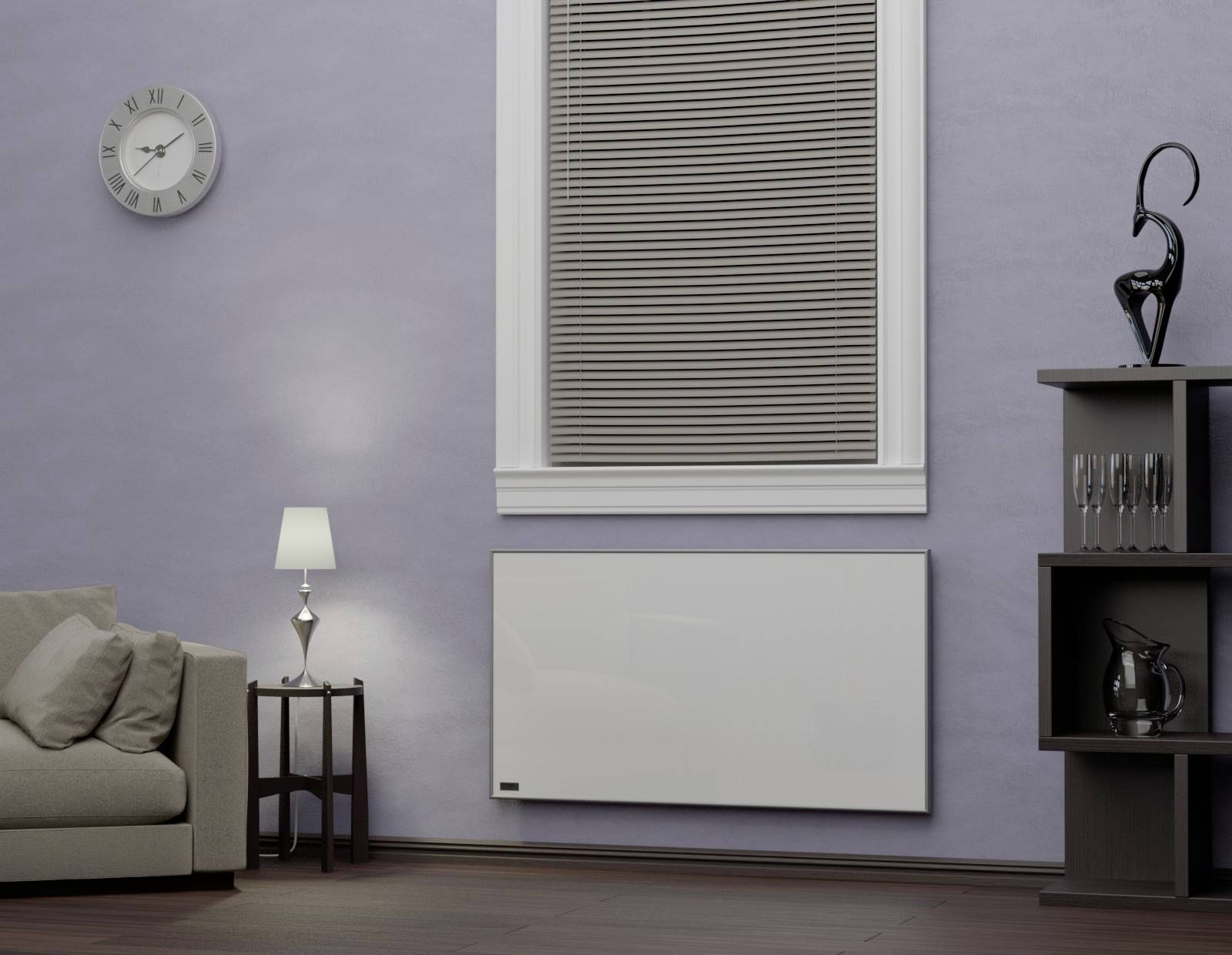 Living room with a sofa, standard lamp, clock and wall-mounted radiator beneath a window with venetian blinds. To the right, a shelving unit with decorative items and glasses.
