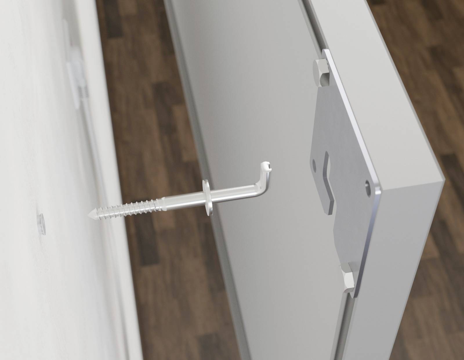 A wall mounting system demonstrates how a metal hook is secured to a screw in order to mount a panel safely.