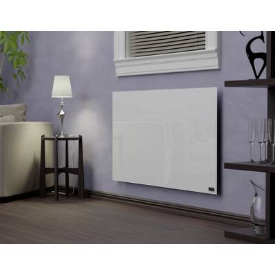 A modern, white radiator hangs on a purple wall in a stylishly decorated living room with a lamp and sofa.