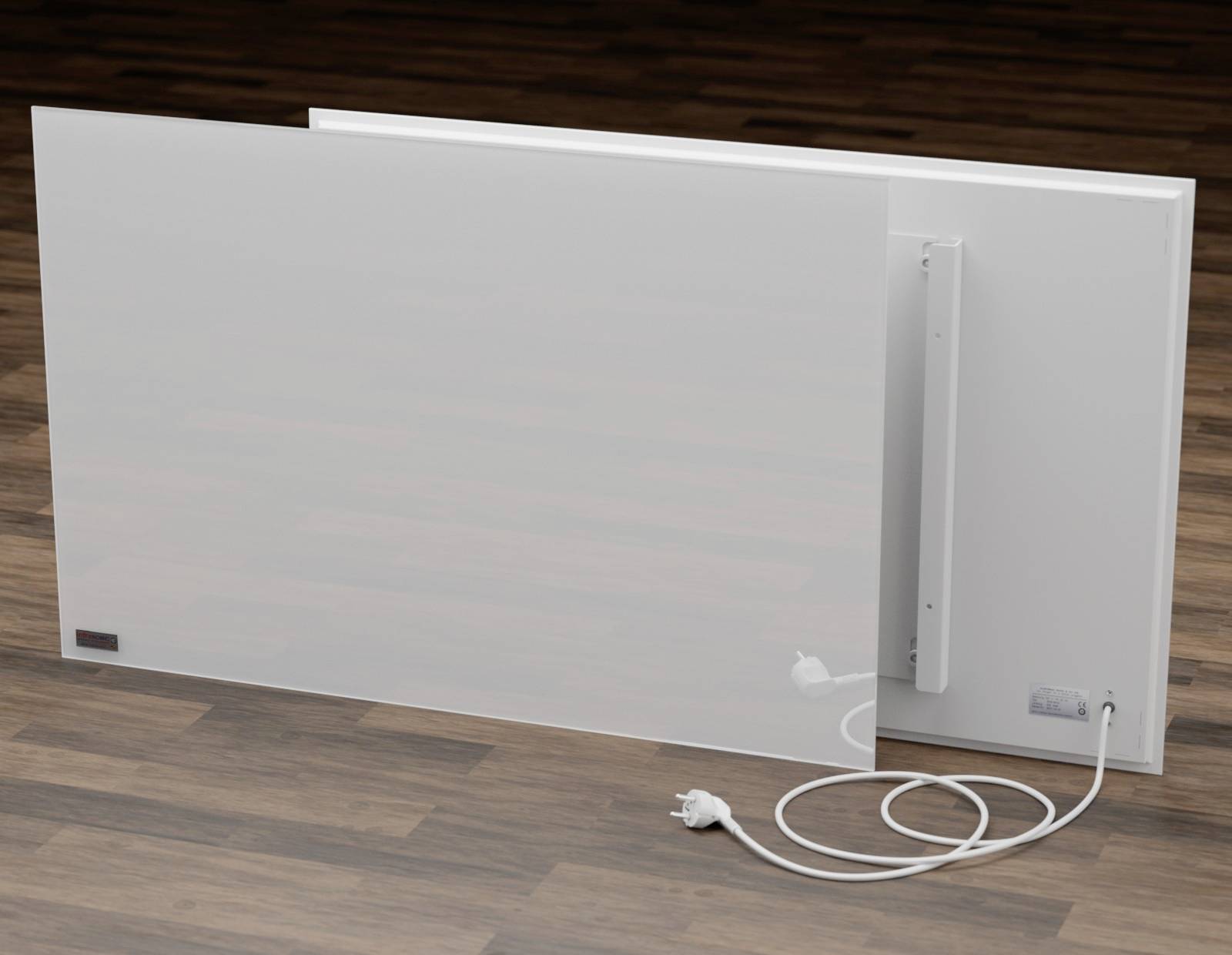 Electric heating panel on a wooden floor, front and back views visible. A power cable and mounting brackets are shown on the back side.