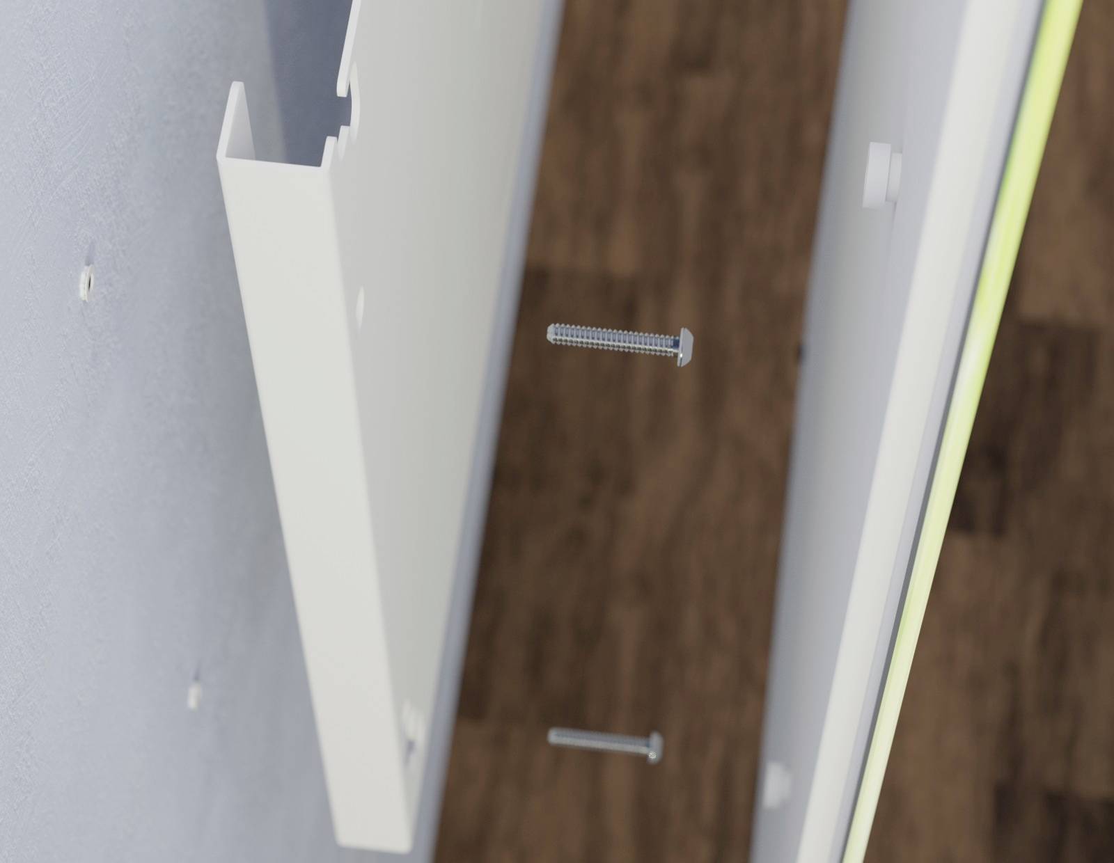 Image shows the installation process of a white panel on a wooden wall with two visible screws.